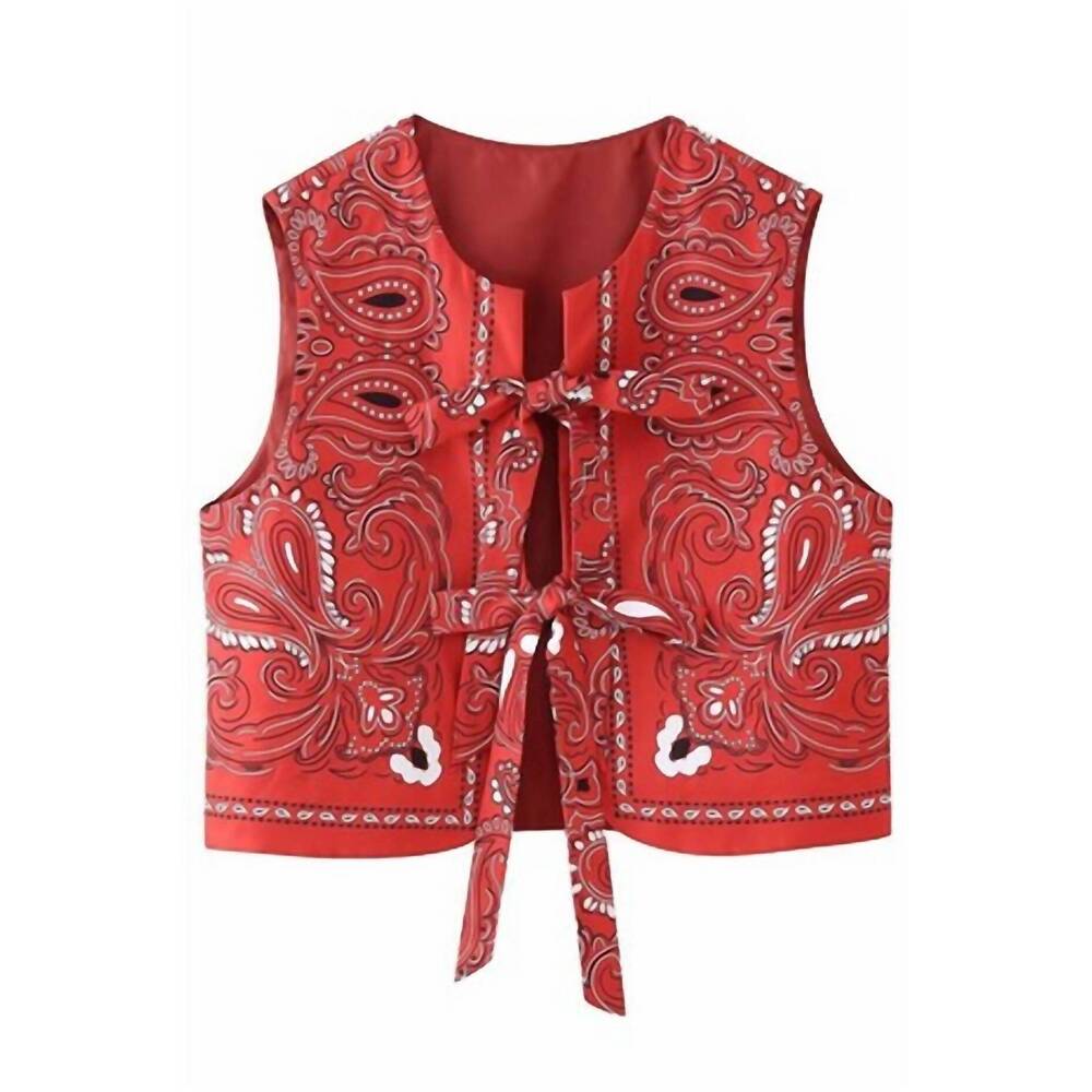 NEW SUNDAYUP paisley print round neck front bow vest in red